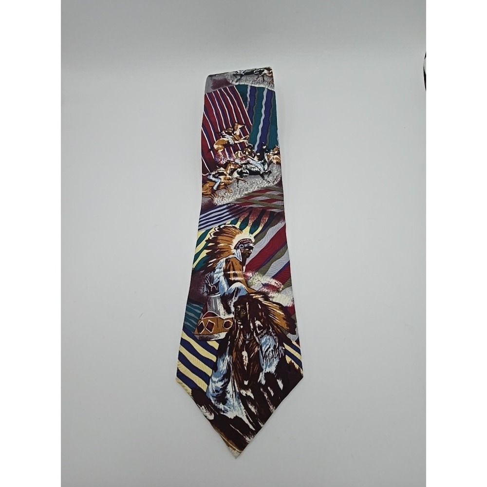 Rockmount Ranch Wear Vintage Silk Tie Native American Indians Wild Horses USA